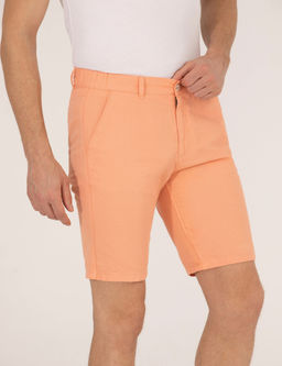 Turuncu Slim Fit Keten Kar___ml_ Beli Lastikli Bermuda _ort