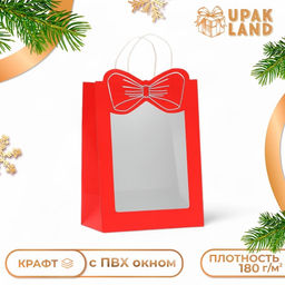 Цена за 12 шт. Пакет подарочный новогодний с оком Бант, 30?22?14, красный .