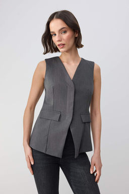 Antrasit Fitted/Vucuda Oturan Gizli Dugmeli Astarl? Dokuma Yelek TWOSS26YE00005 - Trendyolmilla фото 3
