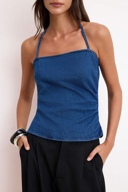 Koyu Mavi Denim Ask?l? Crop Bluz TWOSS26BZ00512 - Trendyolmilla фото 3