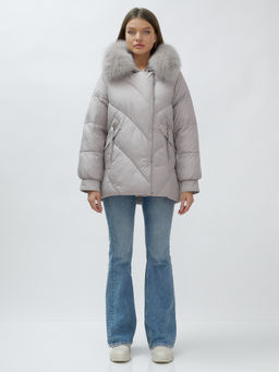 Полупальто женское зимние с мехом песец люкс класса серого цвета 6227Sr - Mtforce фото 2