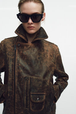 CHAQUETA BIKER PIEL 100% ZW COLLECTION LIMITED EDITION / Marr?n - Zara фото 7