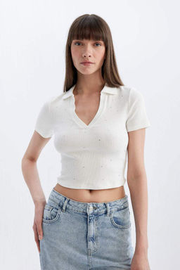 Футболка-поло с короткими рукавами и зауженным кроем в рубчик на камзоле - Defacto фото 4