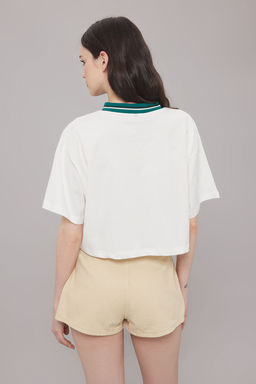 TRENDYOLMILLA Ekru %100 Pamuk Relaxed/Rahat Kal?p Crop Bask?l? Orme T-Shirt TWOSS25TS00086 фото 4