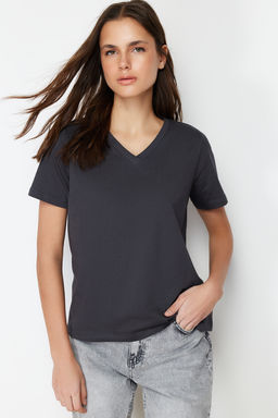 Siyah-K?rm?z? %100 Pamuk 2li Paket Basic V Yaka Orme T-Shirt TWOSS23TS00002