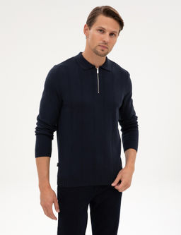 Lacivert Slim Fit Polo Yaka Fermuarl_ Triko Kazak