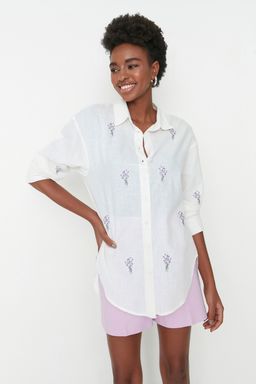 TRENDYOLMILLA Ekru Cicek Nak?s Detayl? Pamuklu Oversize Genis Kesim Dokuma Gomlek TWOSS22GO0246 фото 10