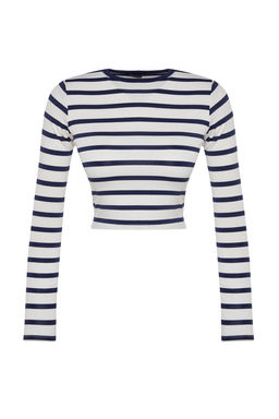 Lacivert Cizgili Premium Viskoz Yumusak Kumasl? Fitted Crop Esnek Orme Bluz TWOAW24BZ00048
