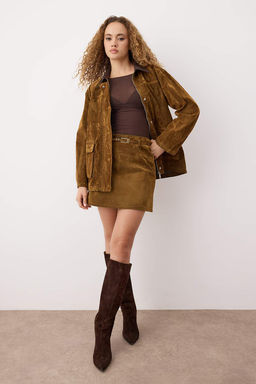 Camel Suet Gorunumlu Kemer Detayl? Mini Denim Etek TWOAW26ET00095 - Trendyolmilla фото 2