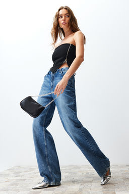 Trendyolmilla Siyah Fermuarl? Asimetrik Straplez Crop Orme Bluz TWOSS24BZ00071 фото 3