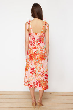 Pembe Cicekli A Kesim Viskon Midi Dokuma Elbise TWOSS24EL00714