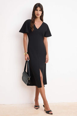 Siyah Duz Bodycon V Yaka Melek Kol K?sa Midi Scuba Krep Orme Elbise TWOSS26EL00471