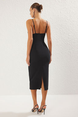 TRENDYOLMILLA Siyah Vucuda Oturan Dantel Detayl? Dokuma Midi S?k Elbise TPRSS25EL00209 фото 5