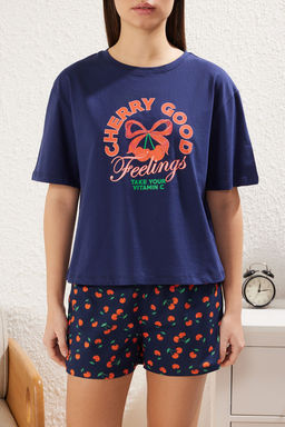 Trendyolmilla Lacivert %100 Pamuklu Kiraz Desenli Sortlu Orme Pijama Tak?m? THMSS25PT00101  фото 10