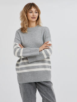 серый женский джемпер со спущенной линией плеча и с белыми полосками - Glenfield фото 5