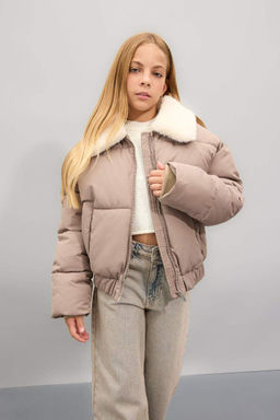 Пуховое пальто с воротником из искусственного меха для девочек, ветрозащитное пальто на молнии - Defacto фото 3