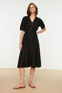 Siyah A Kesim Gomlek Yaka Gipeli Midi Dokuma Elbise TWOSS21EL1023