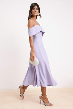 Lila Duz Etegi Belden Ac?lan Dokuma Finike Midi Astars?z S?k/Gece Elbise