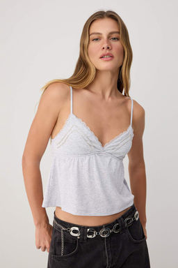 Gri Melanj D_z Fitted V Yaka _nce Ask_l_ Kolsuz Pamuk Ribana _rme Atlet TWOSS26AL00136