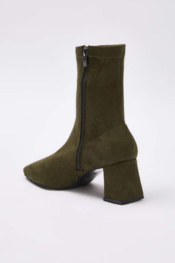 Haki Suet Strec Fermuarl? Kad?n 7 cm Blok Topuklu Bot TAKAW26BO00002