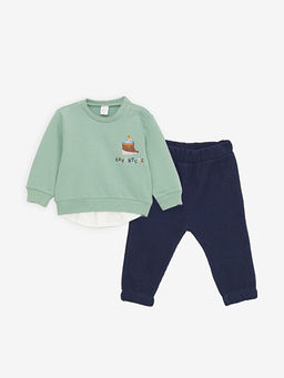 Bisiklet Yaka Uzun Kollu Bask?l? Erkek Bebek Sweatshirt ve Pantolon 2li