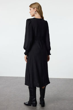 Siyah Belden Ac?lan Korsaj Detayl? Midi Dokuma Elbise TWOAW25EL00366 - Trendyolmilla фото 5