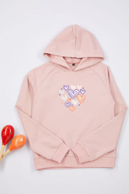 Gul Kurusu K?z Cocuk Kalp Desenli Kapusonlu Orme Sweatshirt TKDAW25SW00040