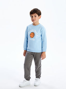 Bisiklet Yaka Bask?l? Erkek ?ocuk Sweatshirt ve E?ofman Alt 2li