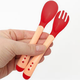 Набор приборов для кормления: термовилка и термоложка, 2 шт., красно-бежевый
