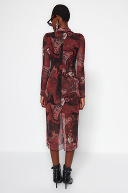 Kahverengi Bask?l? Tul Astarl? Vucuda Oturan Dik Yaka Midi Orme Elbise TWOAW24EL00165 - Trendyolmilla фото 11