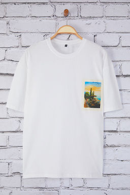 Trendyolmilla Man Beyaz Oversize/Genis Kesim Bisiklet Yaka Aplike Manzara Bask?l? T-Shirt TMNSS25TS00220  фото 5