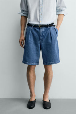 BERMUDA DENIM RELAXED FIT PLIEGUES / Azul