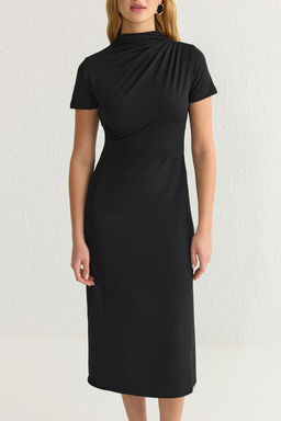 TRENDYOLMILLA Siyah Vucuda Oturan Orme Kumas Mixli Midi Dokuma Elbise TWOSS25EL00136  фото 12