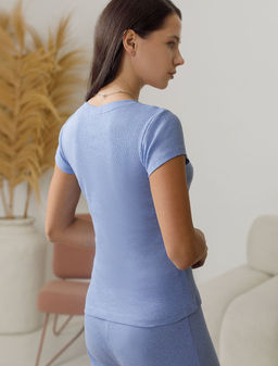 Футболка Vilatte с V-вырезом из хлопка с эластаном голубая  фото 3