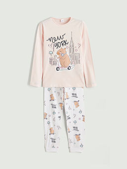 Bisiklet Yaka New York Bask?l? K?z ?ocuk Pijama Tak?m