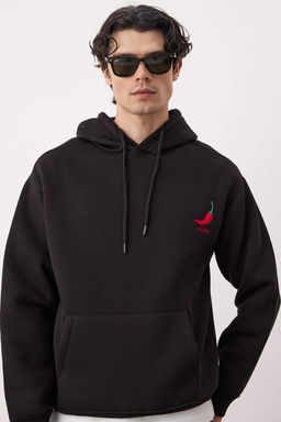 Siyah Biber Nak?sl? Oversize/Genis Kesim Ici Polarl? Kapusonlu Sweatshirt TMNAW25SW00016