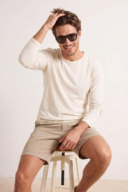 Bej D___k Omuz Regular Fit Wardrobe Essentials _nterlok %100 Pamuk Uzun Kol T-Shirt TMNAW27TS00001
