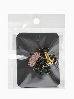 Брошь «Лягушка» на лотосе, цвет зелёно-розовый в черненом золоте