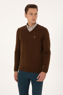 Erkek Slim Fit V Yaka Kahverengi Basic Triko Kazak - U.s. polo assn фото 3