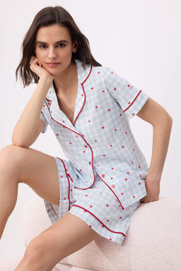 Mavi %100 Pamuklu Kalp ve Ekose Bask?l? Biyeli Orme Pijama Tak?m? THMSS26PT00157