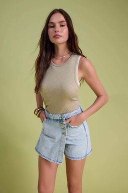 Mavi Dugme Detayl? Kruvaze Yuksek Bel Denim Sort Etek TWOSS22SR0448