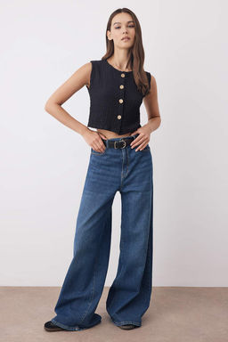 Sar? Dokulu Dugmeli Fitted Crop Esnek Orme Bluz Yelek TWOAW26YE00059 - Trendyolmilla фото 6