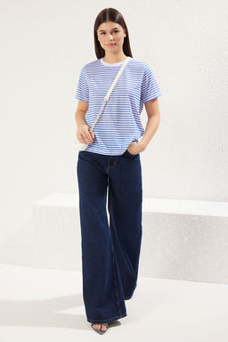 Saks Cizgili Basic Bisiket Yaka K?sa Kol Regular Kal?p Orme T-Shirt TWOSS21TS0904