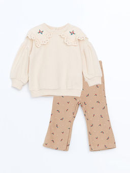 Bebe Yaka Uzun Kollu Nak??l? K?z Bebek Sweatshirt ve Tayt 2li Tak?m