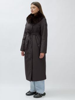 Пальто зимнее женское с мехом песец люкс класса темно-коричневого цвета 5071TK - Mtforce фото 3