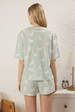 Trendyolmilla Yesil %100 Pamuklu Kedili ve Kalpli Sortlu Orme Pijama Tak?m? THMSS25PT00240  фото 5