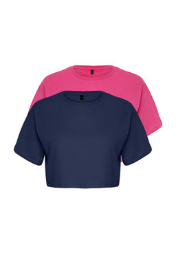 Lacivert-Fusya 2li Paket %100 Pamuk Relax/Rahat Kesim Crop Orme T-Shirt TWOSS24TS00224