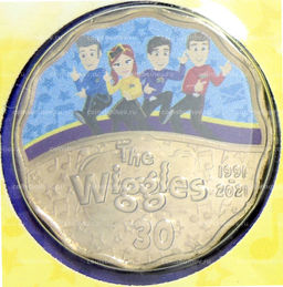 Монета 30 центов 2021 года Австралия  30 лет музыкальной группе Wiggles (танцуют, в буклете)