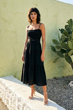 Siyah Kemerli Volanl? Skater/Belden Ac?lan Midi Dokuma Elbise TWOSS21EL1929