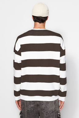 TRENDYOL MAN Indigo-Ekru Oversize/Genis Kesim Bisiklet Yaka Cizgili Ici Polarl? Pamuklu Sweatshirt TMNAW24SW00098 - Trendyolmilla фото 14